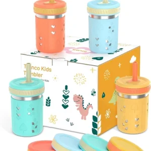 [4 Pack] 10 Oz 2-In-1 Stainless Steel Kids Tumbler Cups with Silicone Sleeves, S
